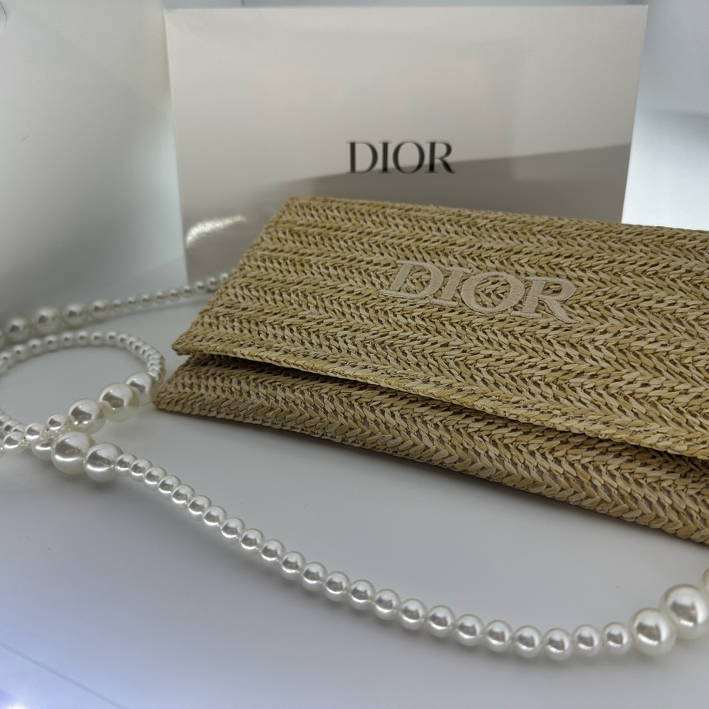 DIOR Novelty Clutch Pouch Summer Raffia with Pearl Chain Strap - NEW with box
